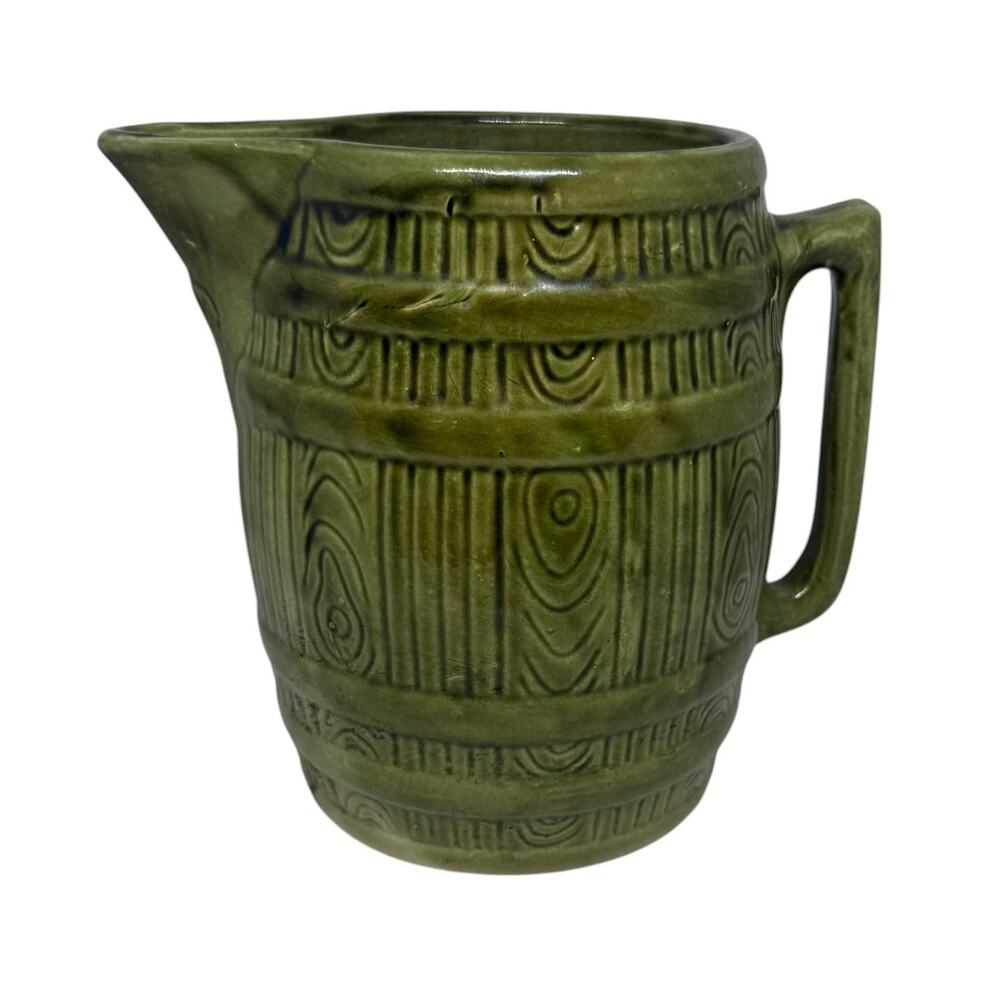 Mid 20th Century Retro Green Yellow Ware Pottery Stoneware Barrel 8” Pitcher